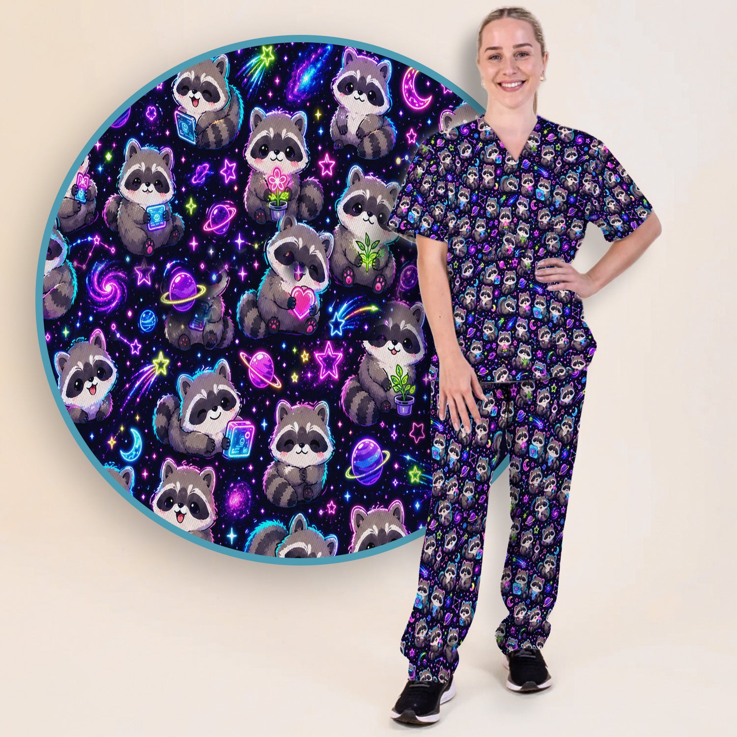 Neon Galaxy Raccoon Space Pattern Scrub Set, Scrub Pants and V Neck Top