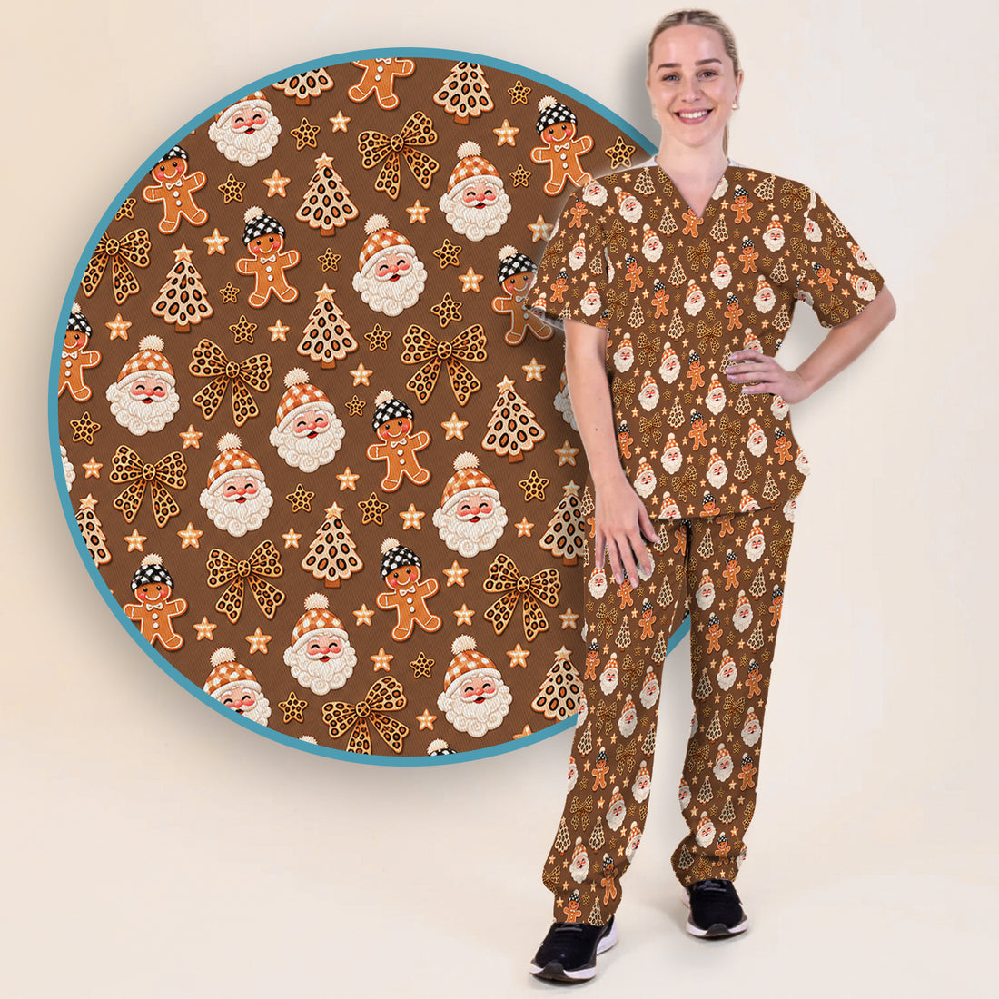 Funny Christmas Cat Baking Biscuits Pattern Scrub Set, Scrub Pants and V Neck Top
