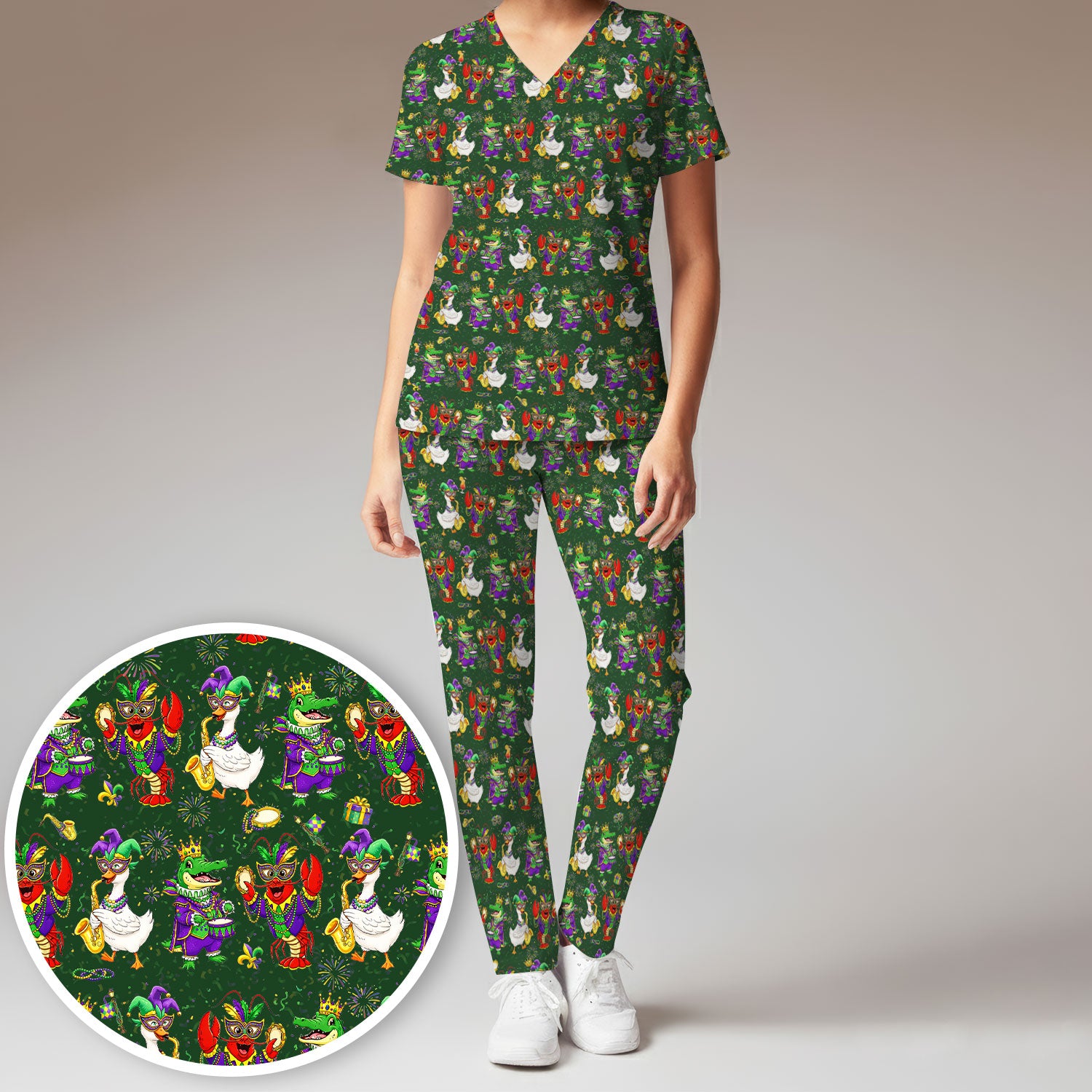 Crawfish And Duck Carnival Scrub Set, Mardi Gras Parade Pattern Nurse Shirt, Breathable Fabrics Nursing Uniform