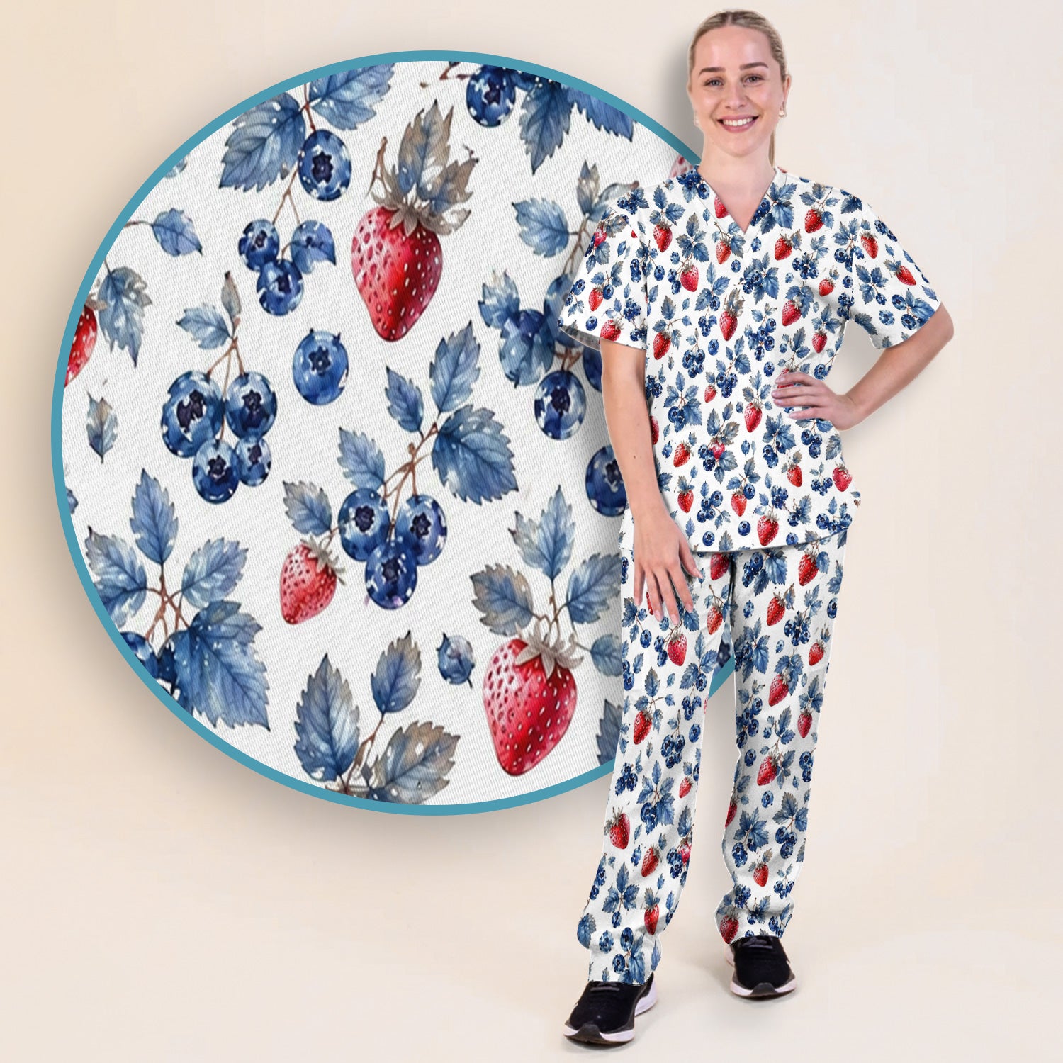 Cute Strawberry & Blueberry Leaf Pattern Scrub Set, Scrub Pants and V Neck Top