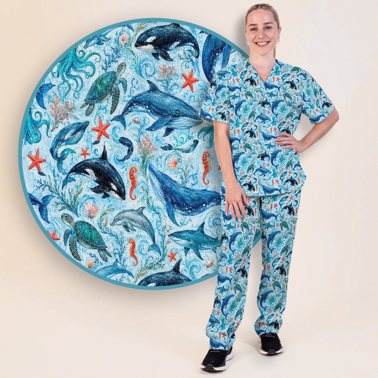 Watercolor Ocean Wildlife Scene Pattern Scrub Set, Scrub Pants and V Neck Top