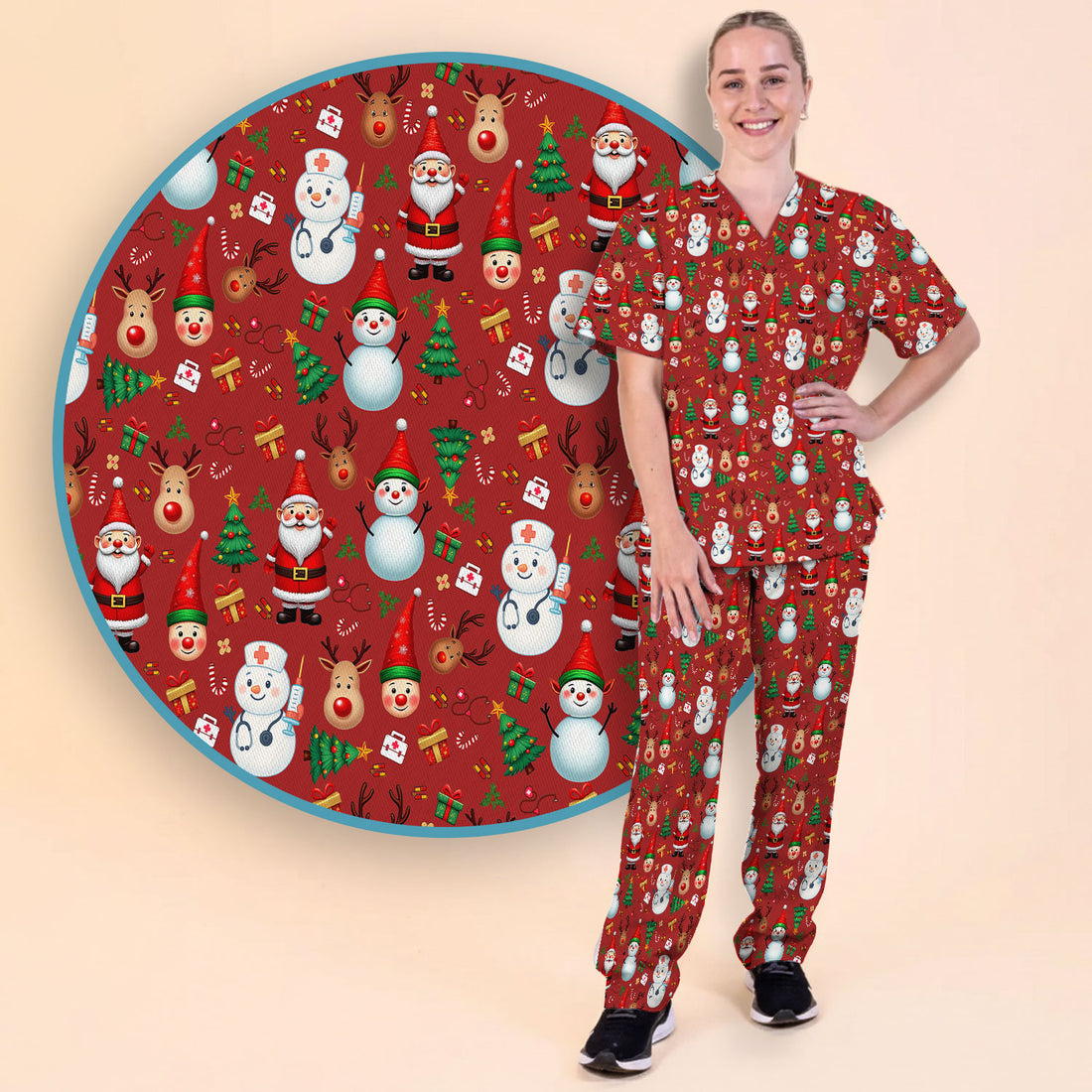 Christmas Nurse Scrub Set - Cute Snowman Santa Reindeer Pattern Medical Uniform - Festive Holiday Scrubs Pants and V Neck Top