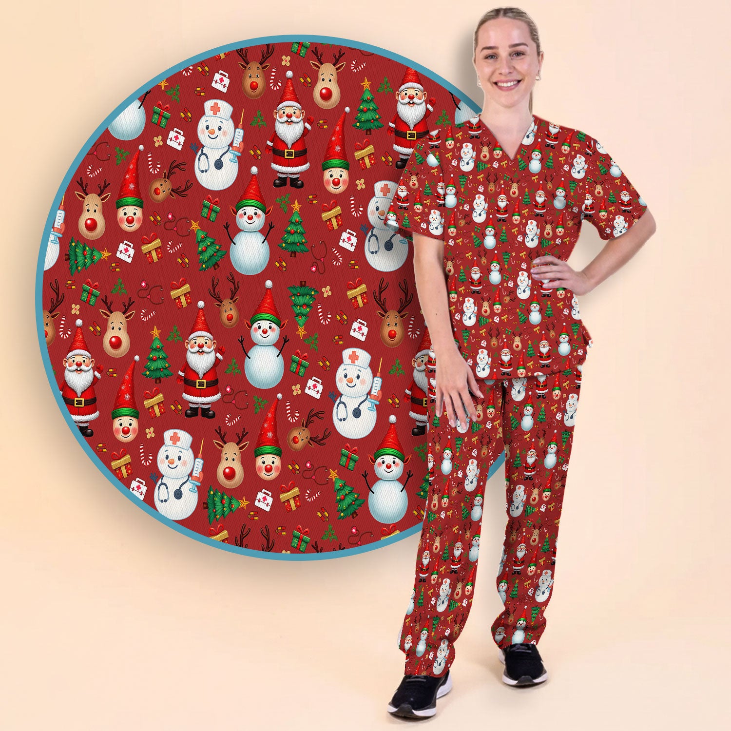 Christmas Nurse Scrub Set - Cute Snowman Santa Reindeer Pattern Medical Uniform - Festive Holiday Scrubs Pants and V Neck Top