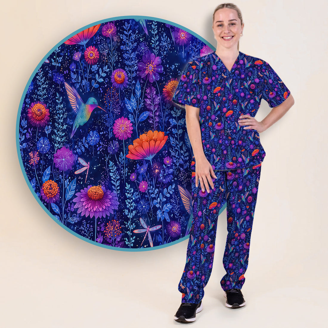 Enchanted Hummingbird Wildflower Garden Pattern Scrub Set, Scrub Pants and V Neck Top