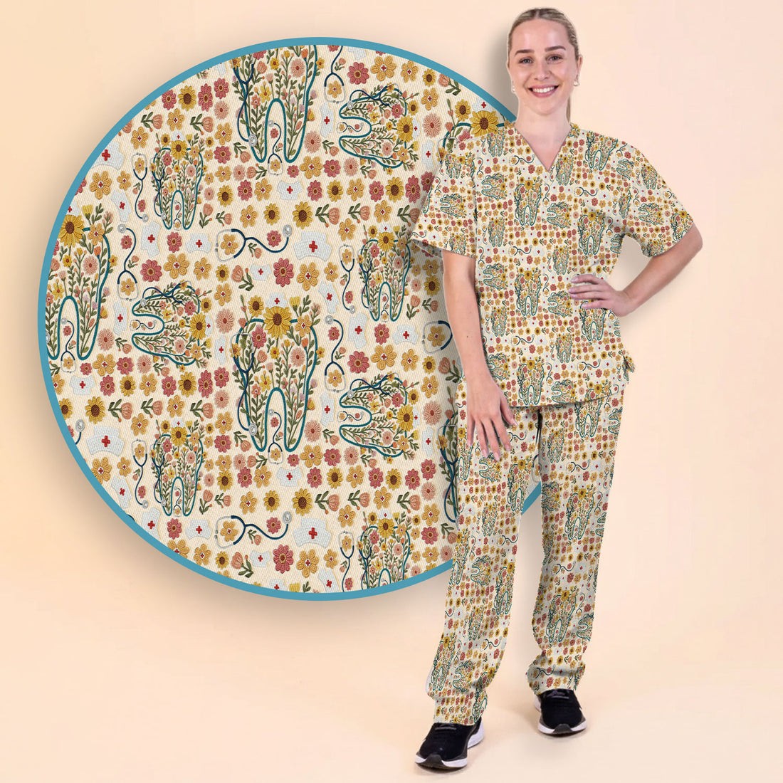 Boho Floral Tooth Scrub Set - Aesthetic Dental Scrubs Pants and V Neck - Cute Flower Tooth Medical Uniform - Hygienist Christmas Gift