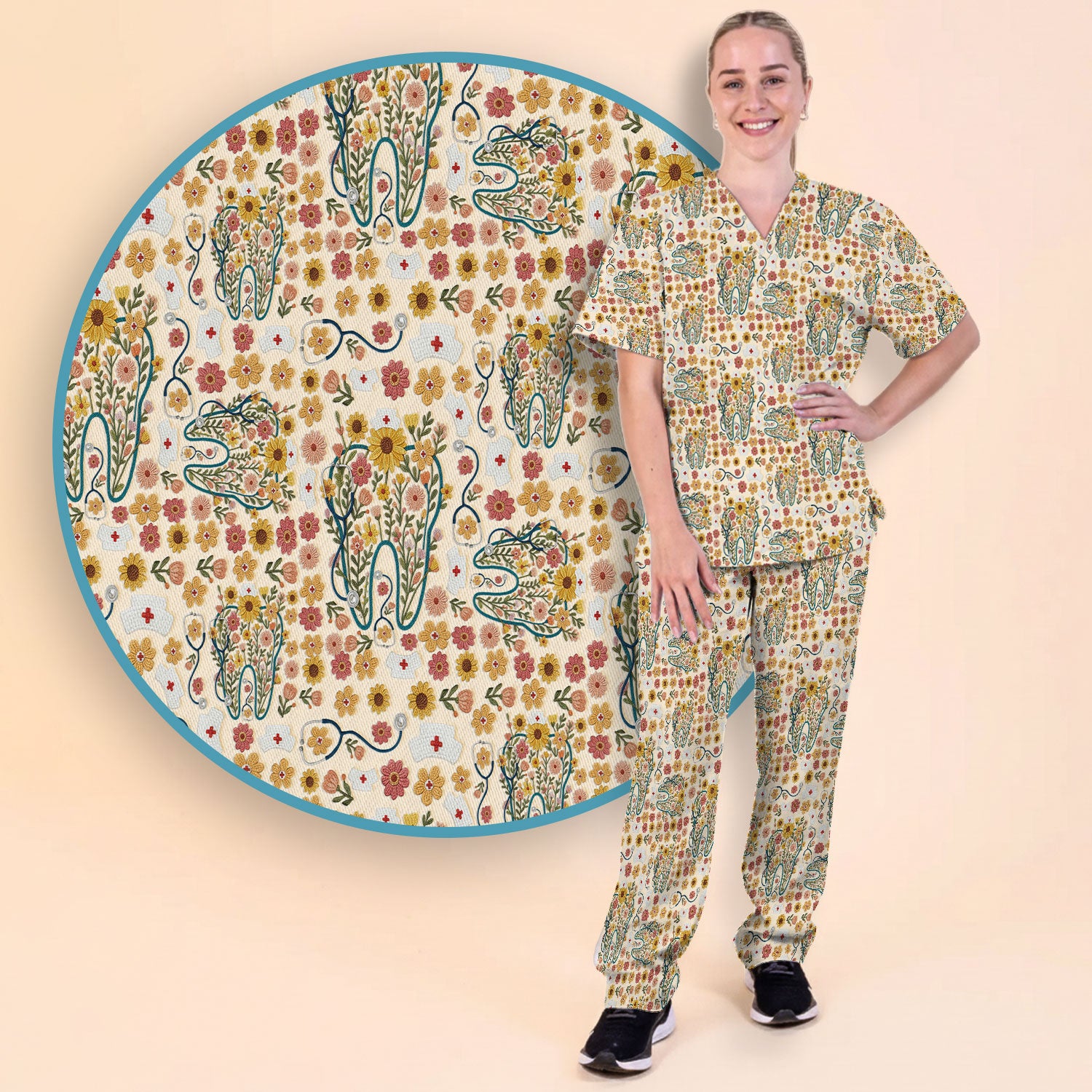 Boho Floral Tooth Scrub Set - Aesthetic Dental Scrubs Pants and V Neck - Cute Flower Tooth Medical Uniform - Hygienist Christmas Gift