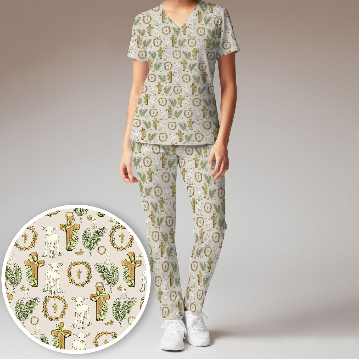 Faith Lamb Cross Pattern Women's Scrub Set, Scrub Pants and V Neck Top