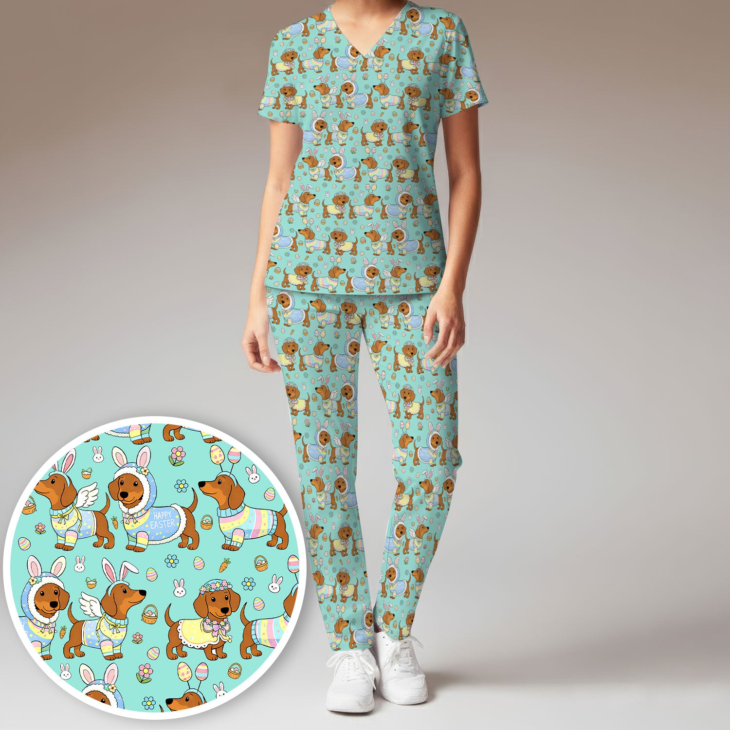 Easter Dachshund Bunny Pattern Scrub Set, Scrub Pants and V Neck Top