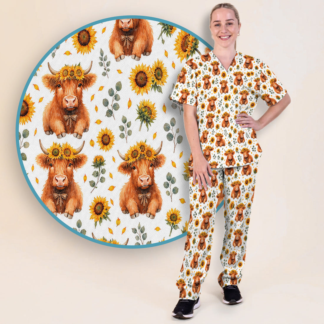Rustic Highland Cow Floral Pattern Scrub Set, Scrub Pants and V Neck Top