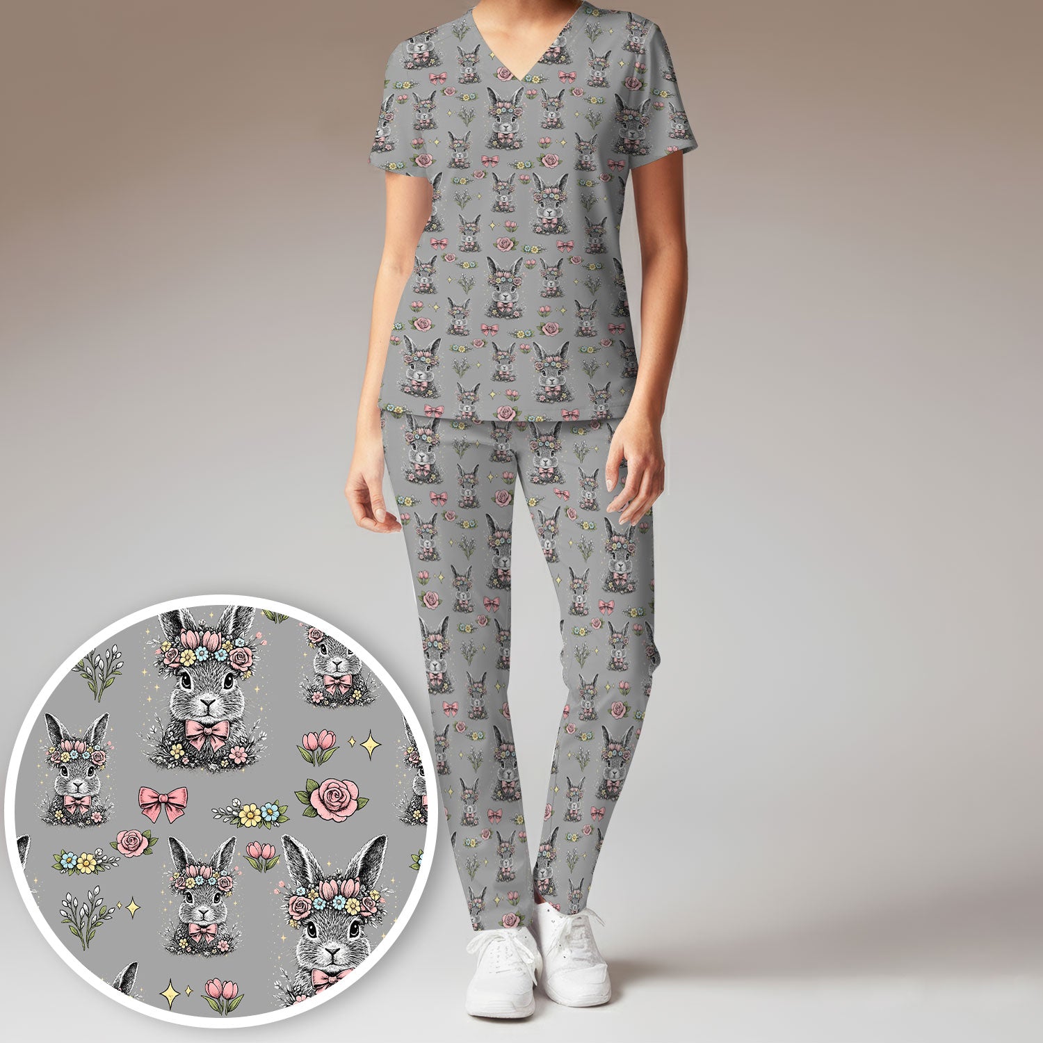 Vintage Floral Bunny Print Scrub Set, Scrub Pants and V Neck Top