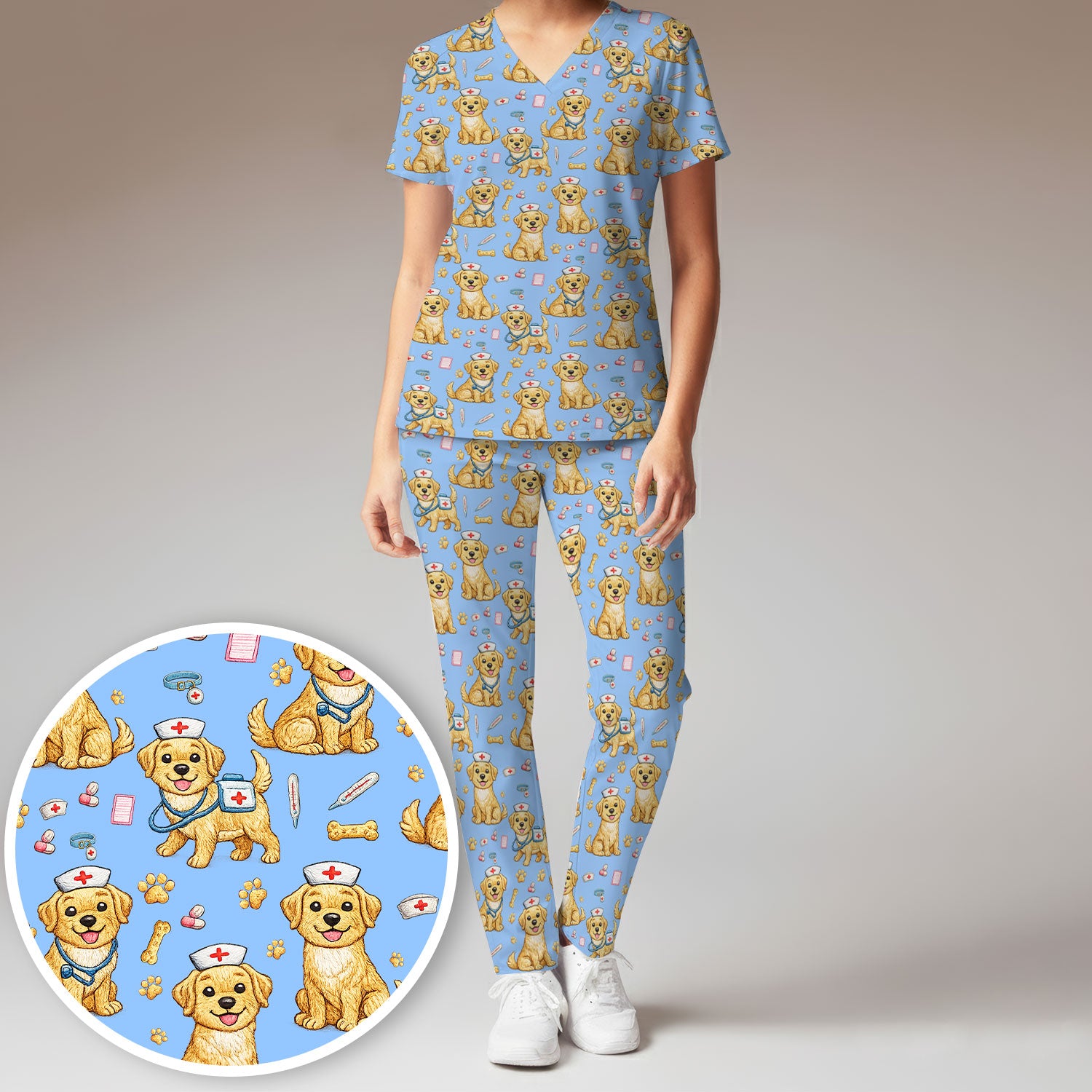 Cute Puppy Nurse Medical Print Women’s Scrub Set, Scrub Pants and V Neck Top