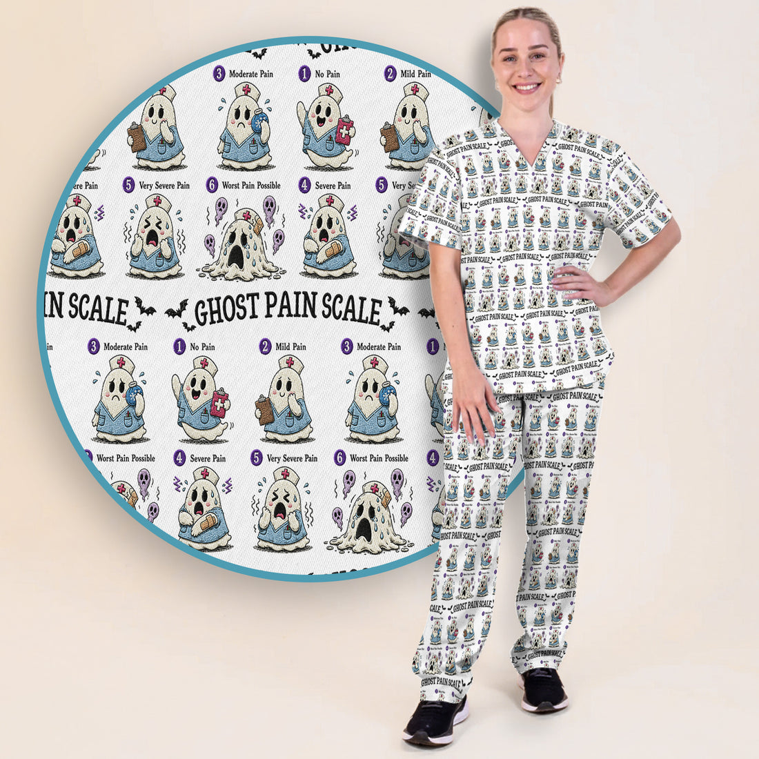 Funny Ghost Pain Scale Pattern Scrub Set, Scrub Pants and V Neck Top