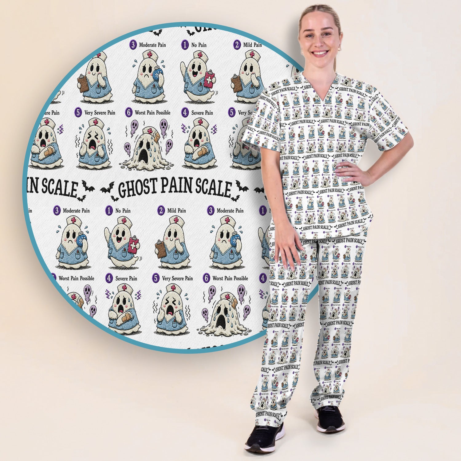 Funny Ghost Pain Scale Pattern Scrub Set, Scrub Pants and V Neck Top