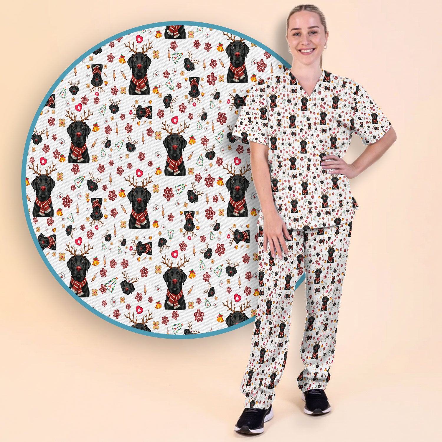 Funny Black Lab Reindeer Scrub Set - Christmas Dog Nurse Pants and V Neck Top - Cute Holiday Medical Uniform