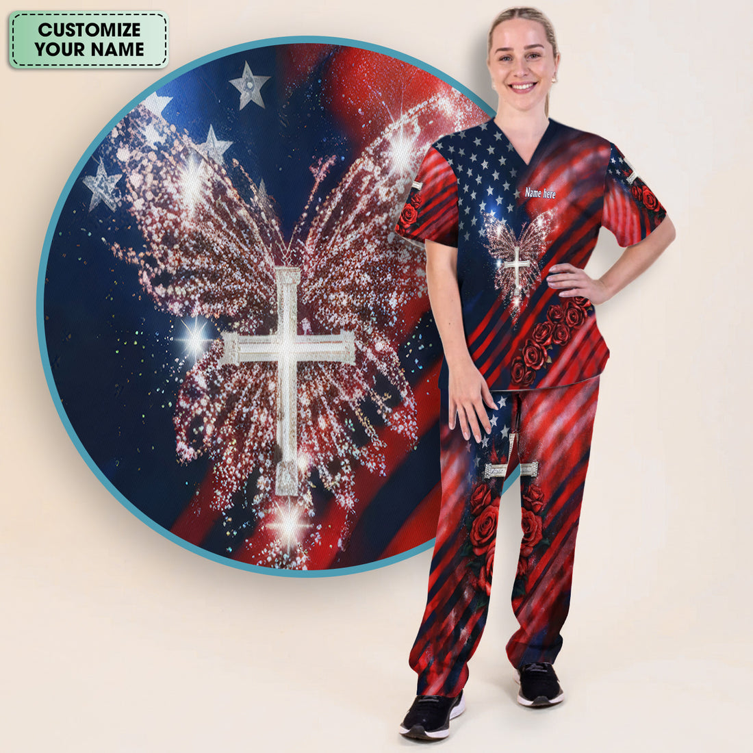 Custom Name Patriotic Cross Butterfly Rose Print Scrub Set, Scrub Pants and V Neck Top