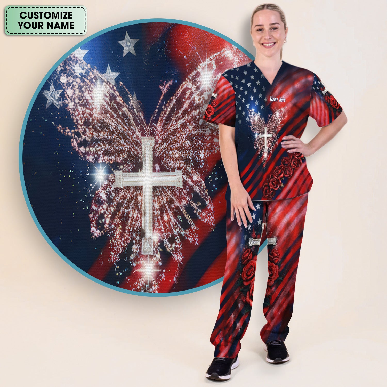 Custom Name Patriotic Cross Butterfly Rose Print Scrub Set, Scrub Pants and V Neck Top