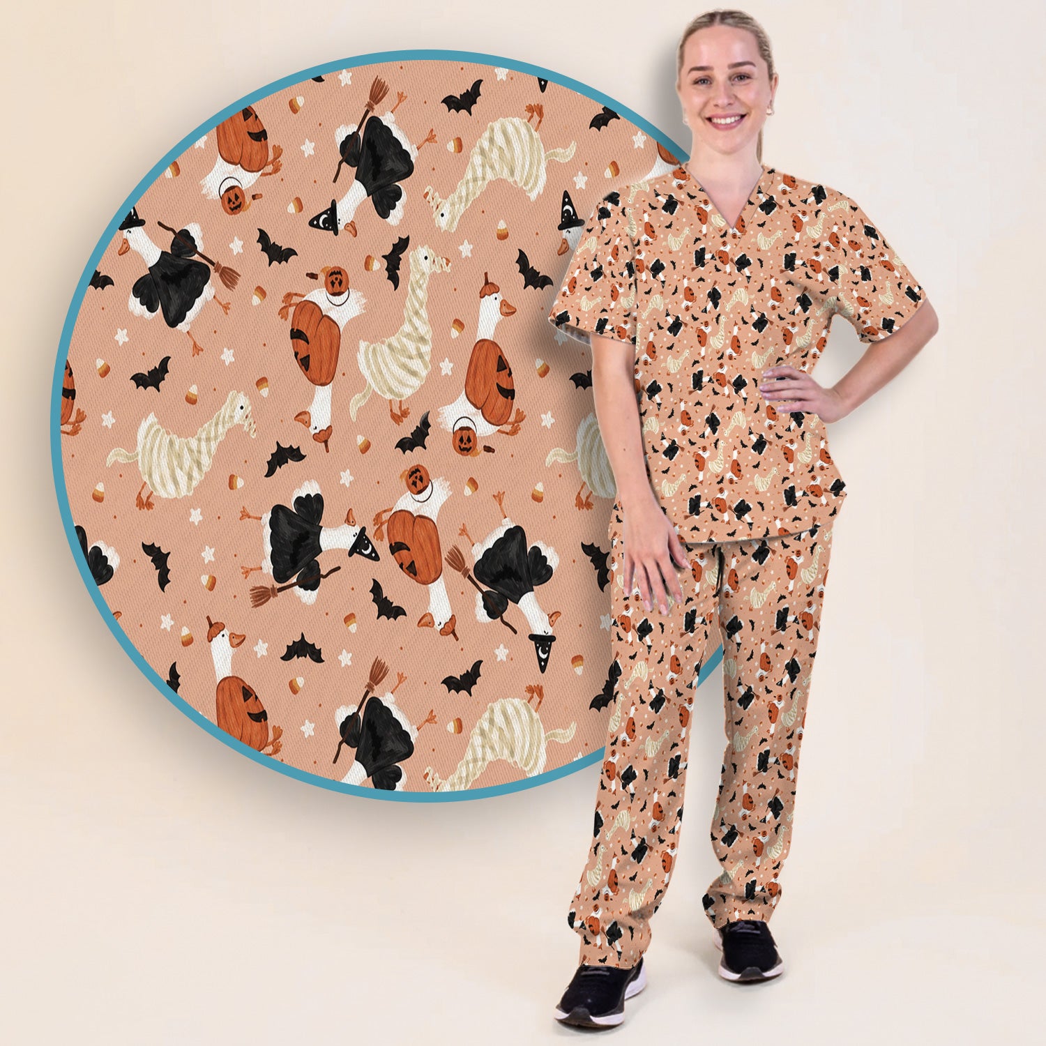 Halloween Goose with Pumpkin Bat Pattern Scrub Set, Scrub Pants and V Neck Top