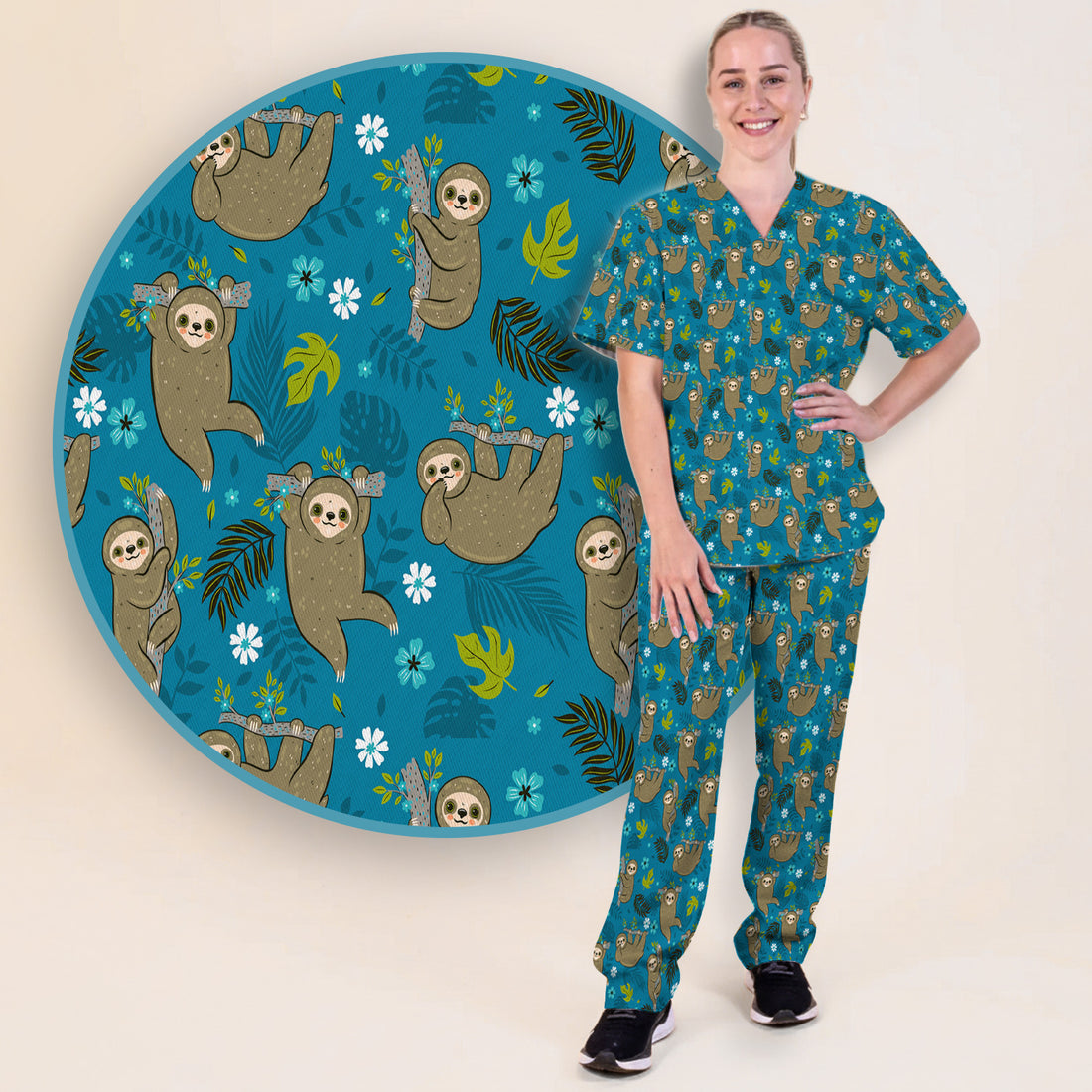 Jungle Tropical Sloth Pattern Scrub Set, Scrub Pants and V Neck Top