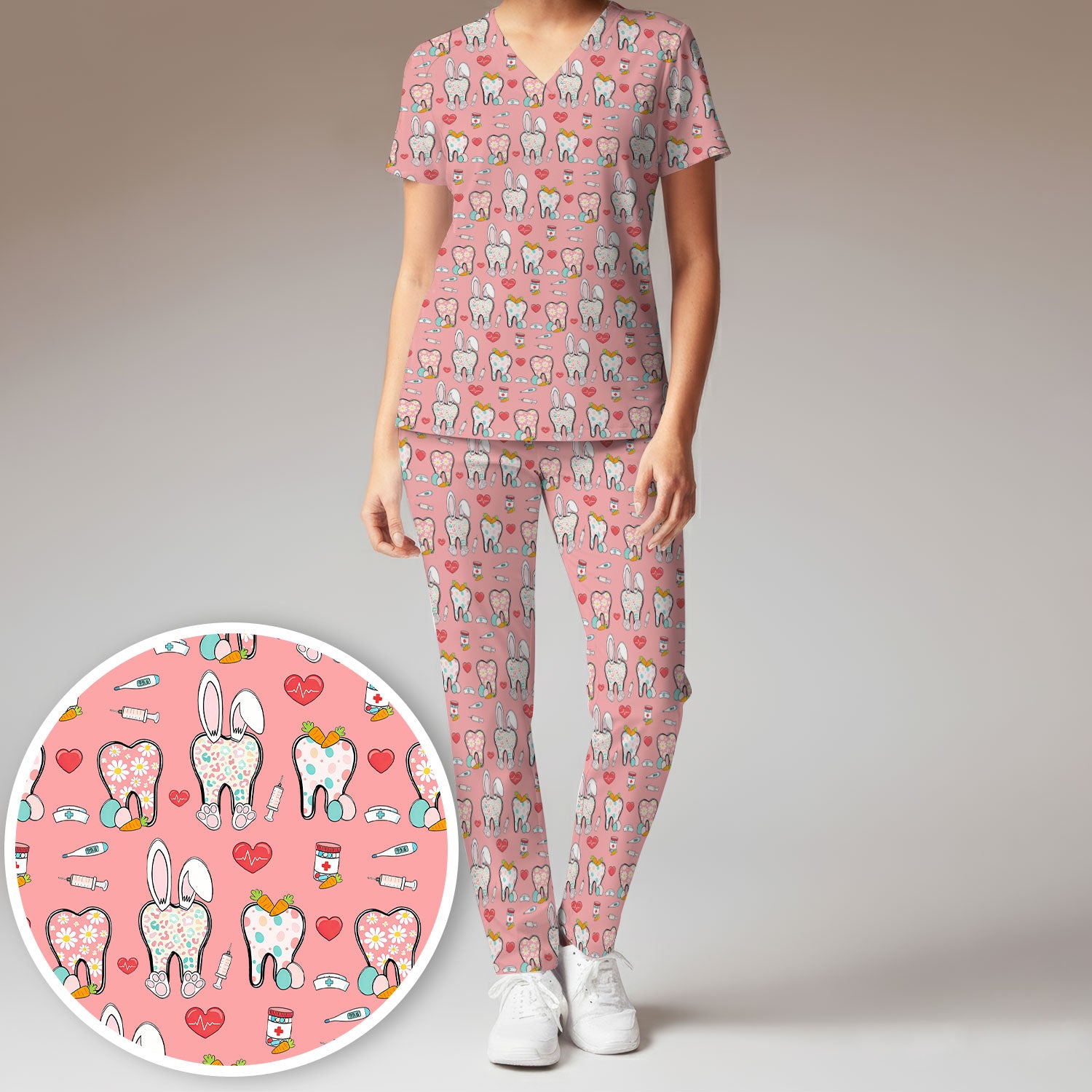 Playful Bunny Dentist Illustration Medical Set, Scrub Pants and V Neck Top