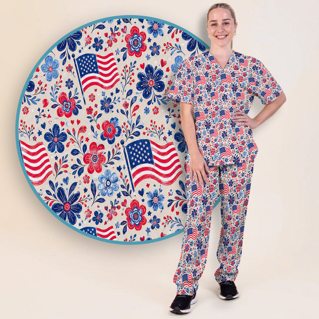 Patriotic Flag Floral Nurse Pattern Scrub Set, Scrub Pants and V Neck Top
