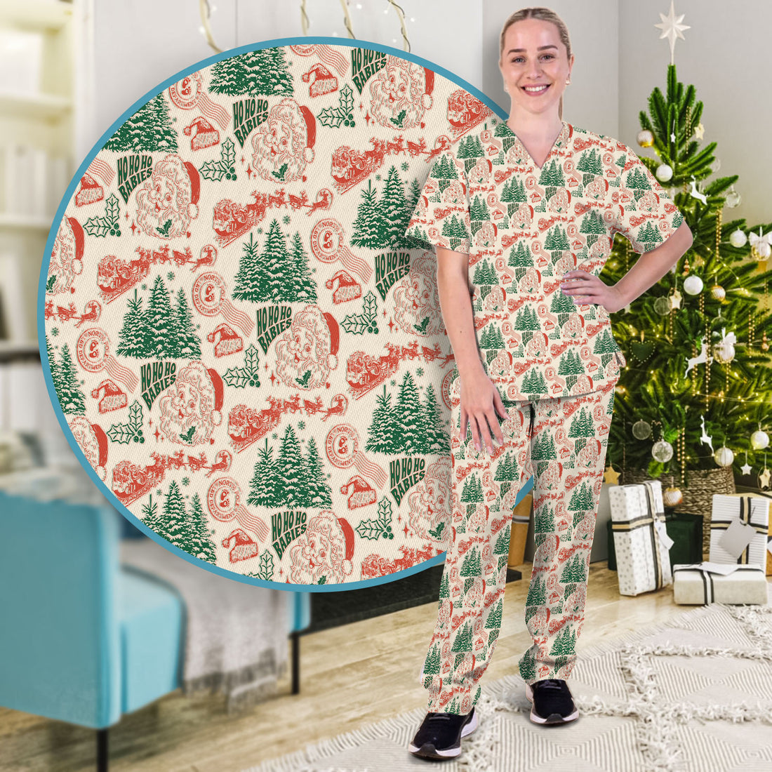 Christmas Santa Scrub Set, Vintage Holiday Nurse Shirt, Festive Medical Uniform For Nursing