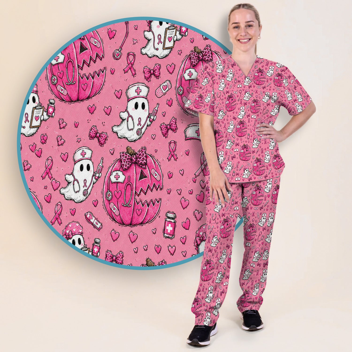 Pink Ribbon Ghost Pattern Scrub Set, Scrub Pants and V Neck Top