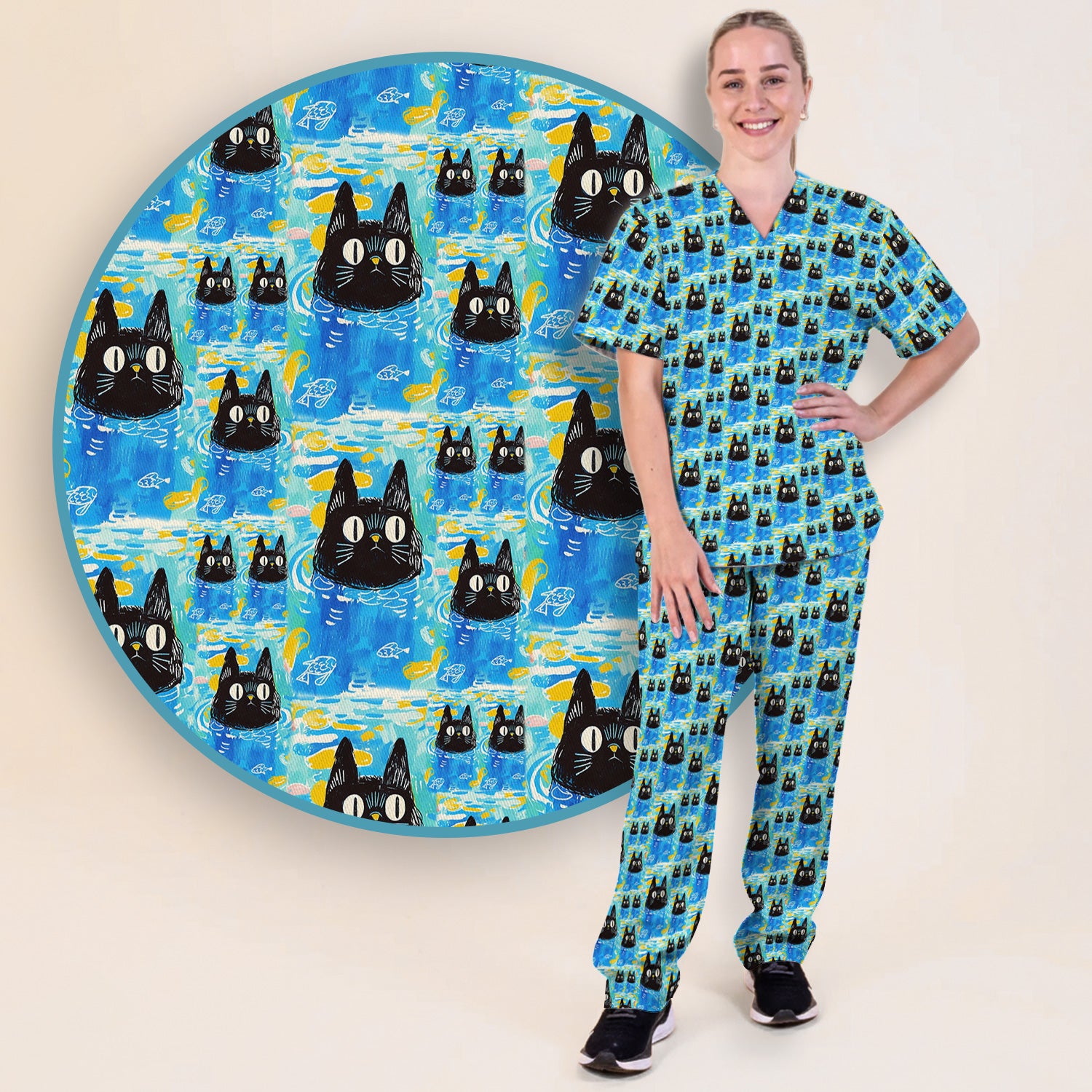 Black Cat Swimming In Blue Water Pattern Scrub Set, Scrub Pants and V Neck Top
