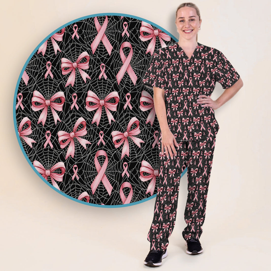 Pink Ribbon Pattern Scrub Set, Scrub Pants and V Neck Top