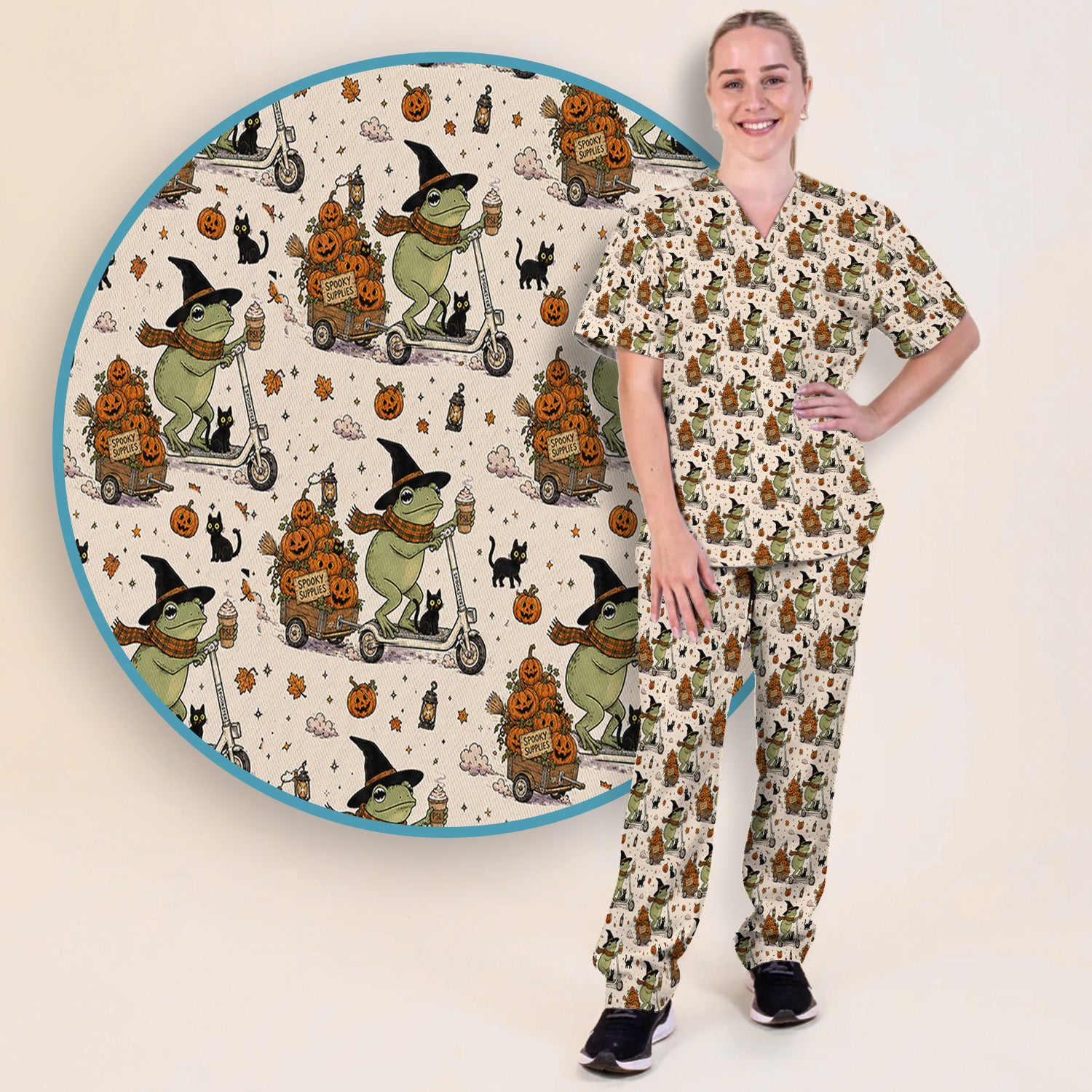 Cute Halloween Witch Frog And Pumpkins Scrub Set, Scrub Pants and V Neck Top
