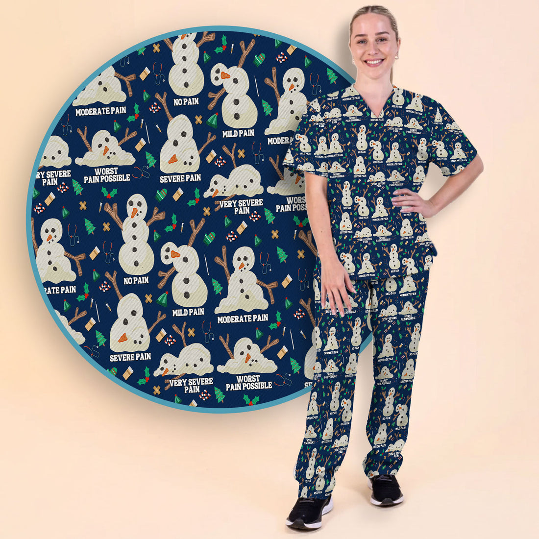 Funny Snowman Pain Scale Scrub Set for Nurse - Christmas Medical Pants and V Neck Top for Women RN LPN CNA