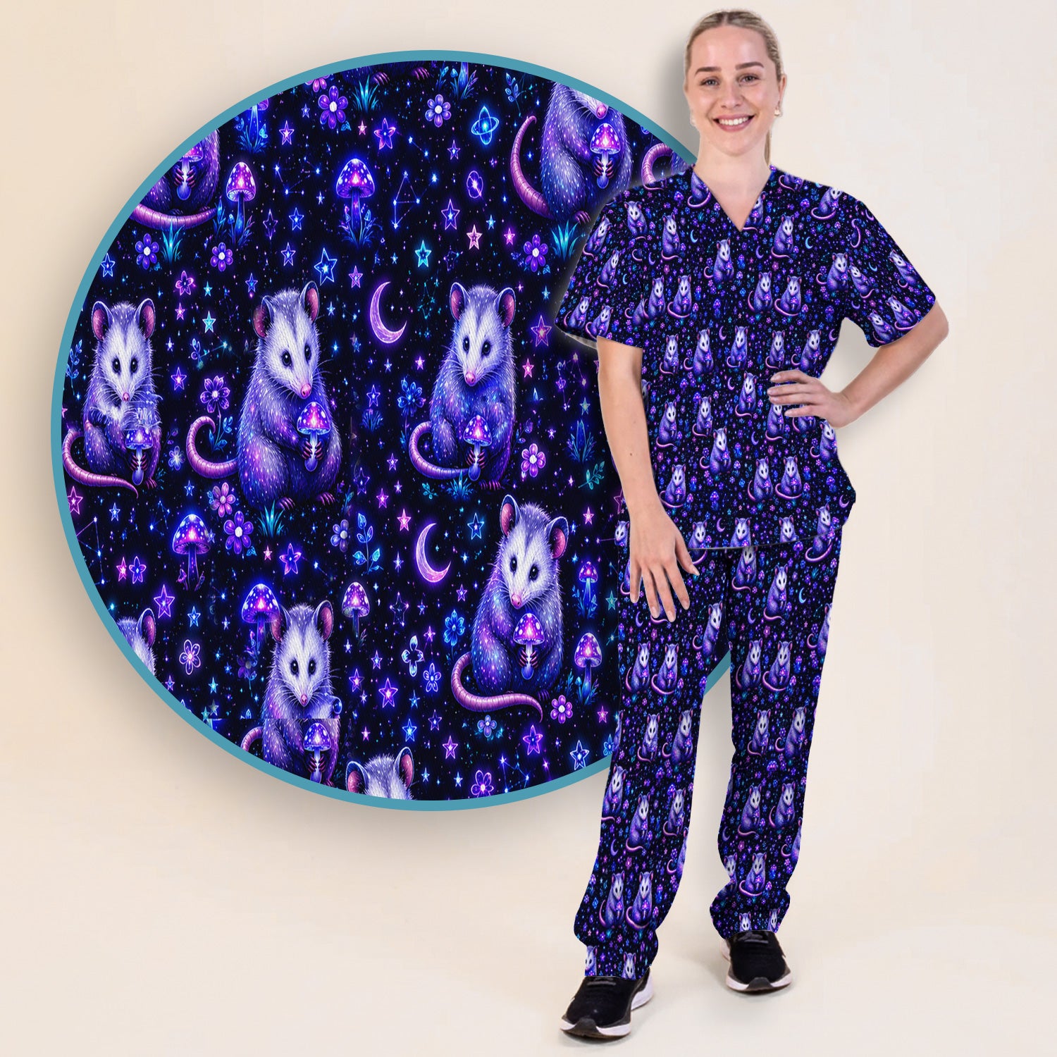 Neon Opossum Mushroom Galaxy Pattern Scrub Set, Scrub Pants and V Neck Top
