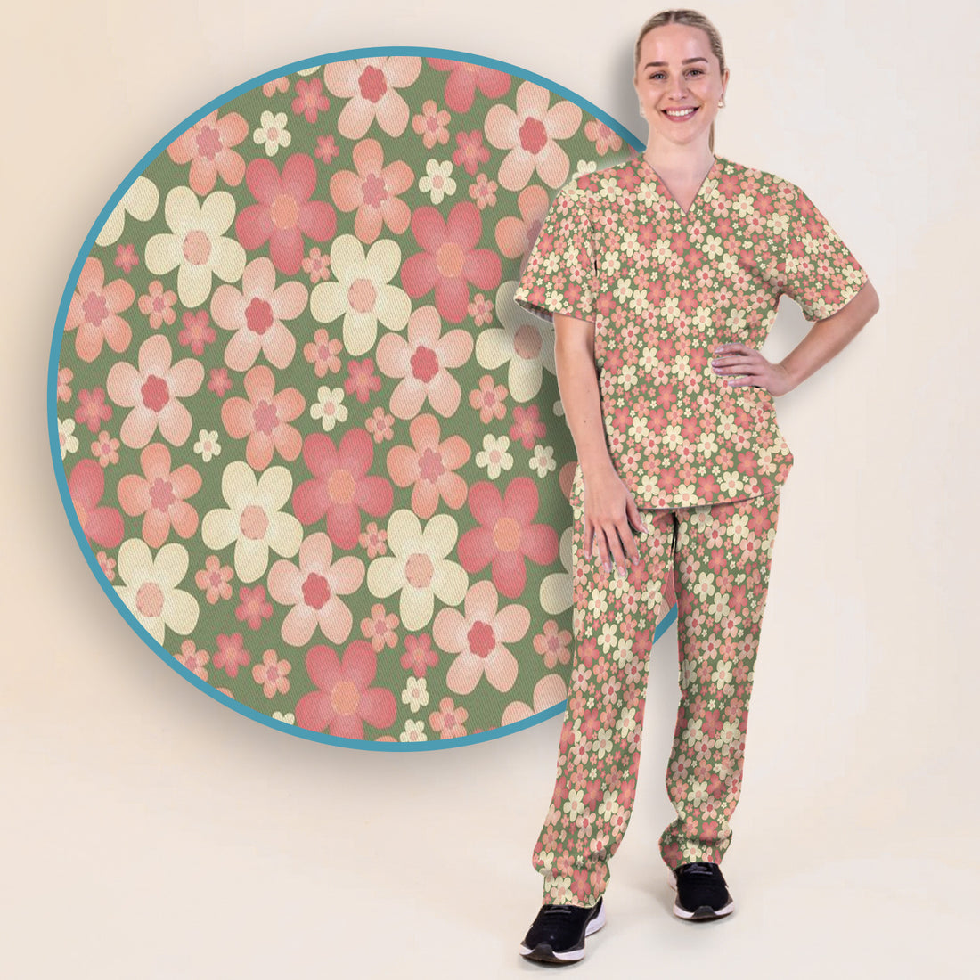 Retro Floral Print Scrub Set, Scrub Pants and V Neck Top
