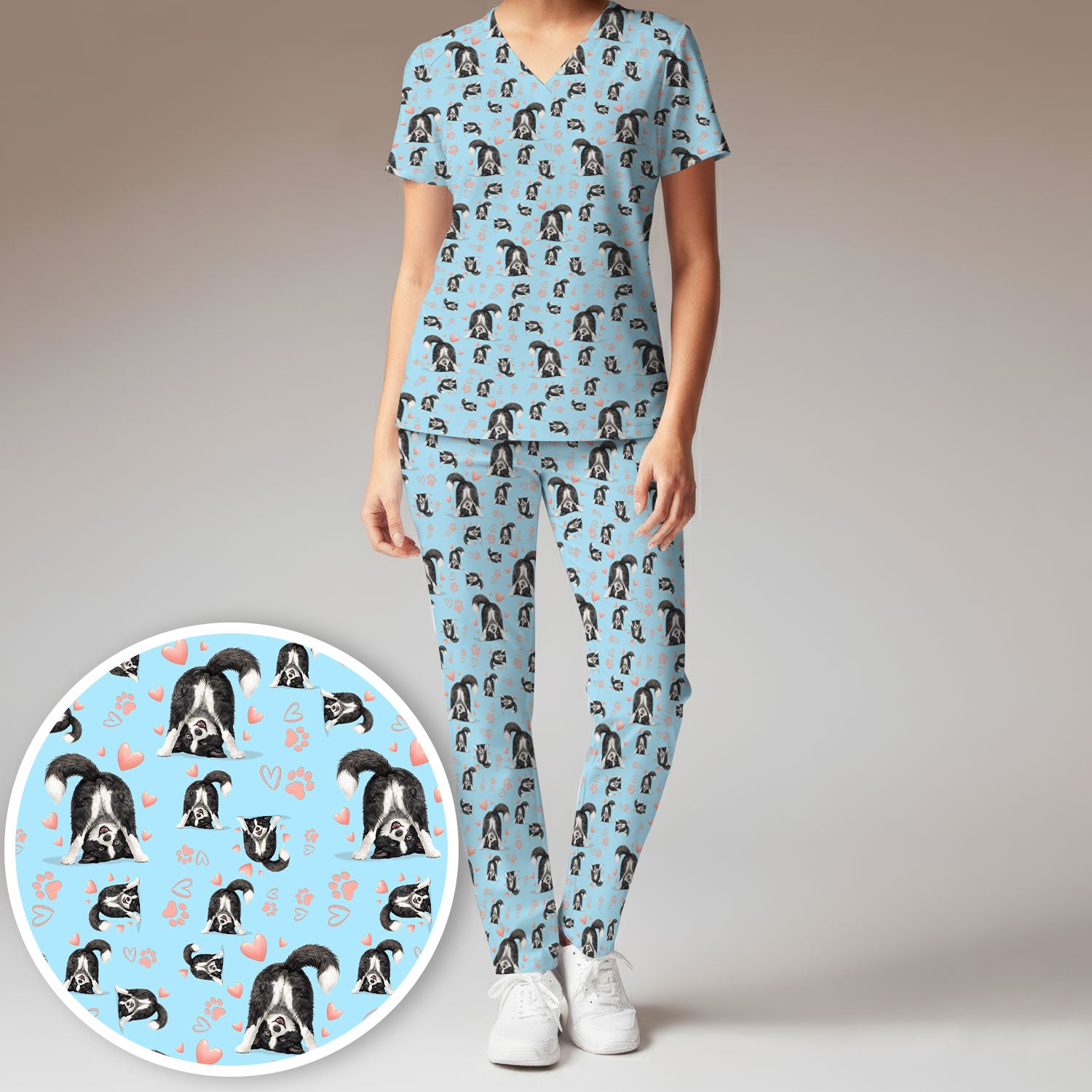 Cute Puppy Heart Medical Pattern Scrub Uniform, Women's Scrub Sets