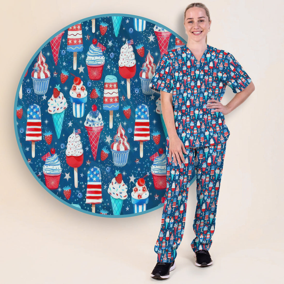 Cute Patriotic Ice Cream Popsicles With USA Flag Dessert Scrub Set, Scrub Pants and V Neck Top