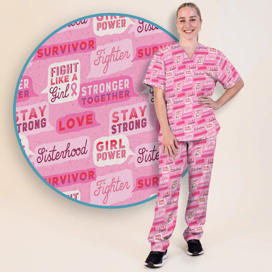 Pink Ribbon Quotes Scrub Set, Scrub Pants and V Neck Top