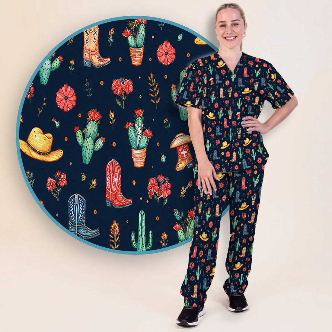 Whimsical Western Cactus Boots Pattern Scrub Set, Scrub Pants and V Neck Top