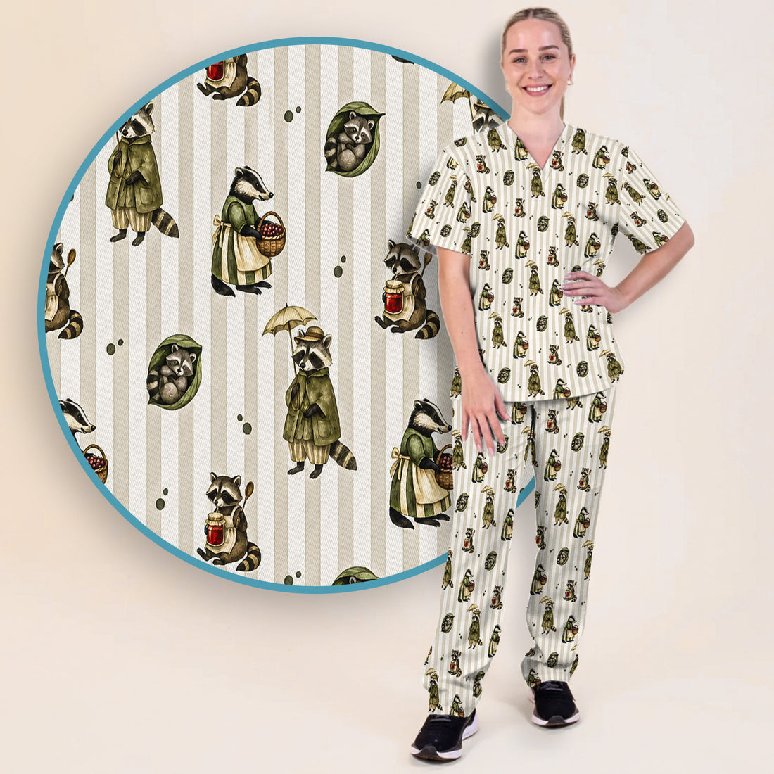 Cute Woodland Raccoon Print Scrub Set, Scrub Pants and V Neck Top
