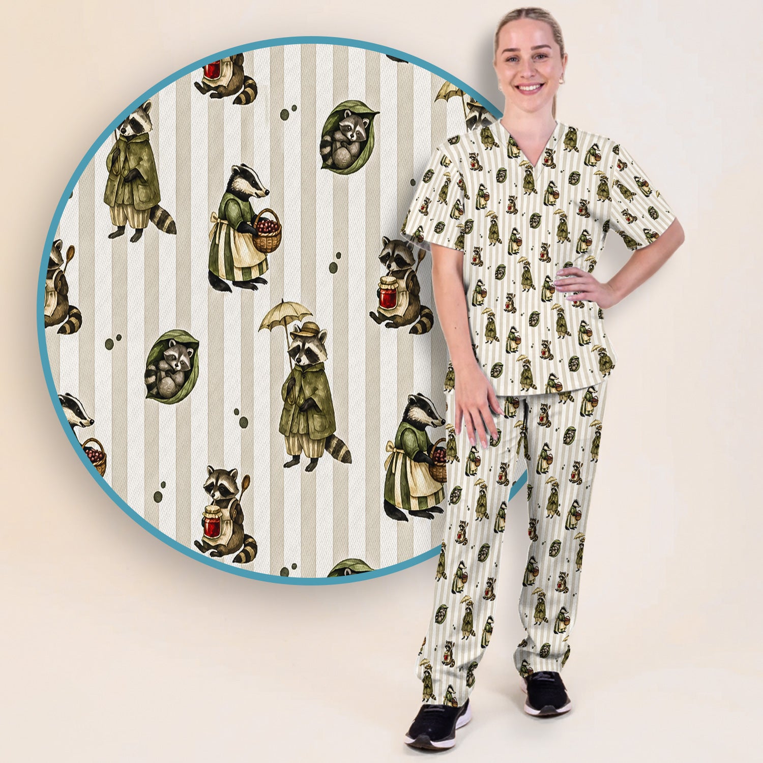 Cute Woodland Raccoon Print Scrub Set, Scrub Pants and V Neck Top