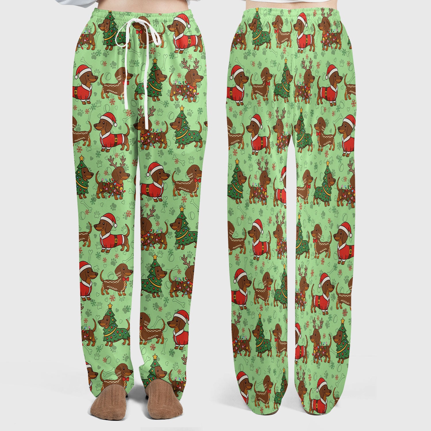 Christmas Weenie Dog Scrub Sets - Xmas Dachshund Scrub Pants - Cute Sausage Puppy V Neck Top - Ugly Sweater for Pet Lover