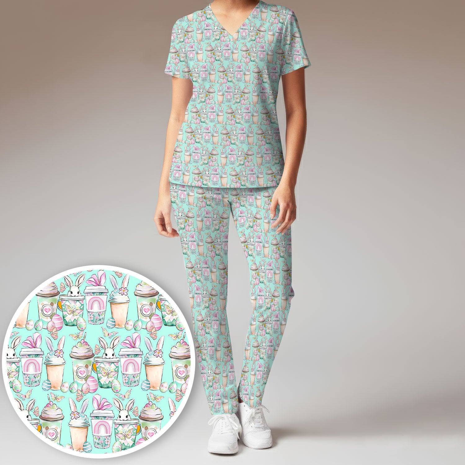 Cute Easter Bunny Coffee Cup Pattern Scrub Sets, Scrub Pants and V Neck Top