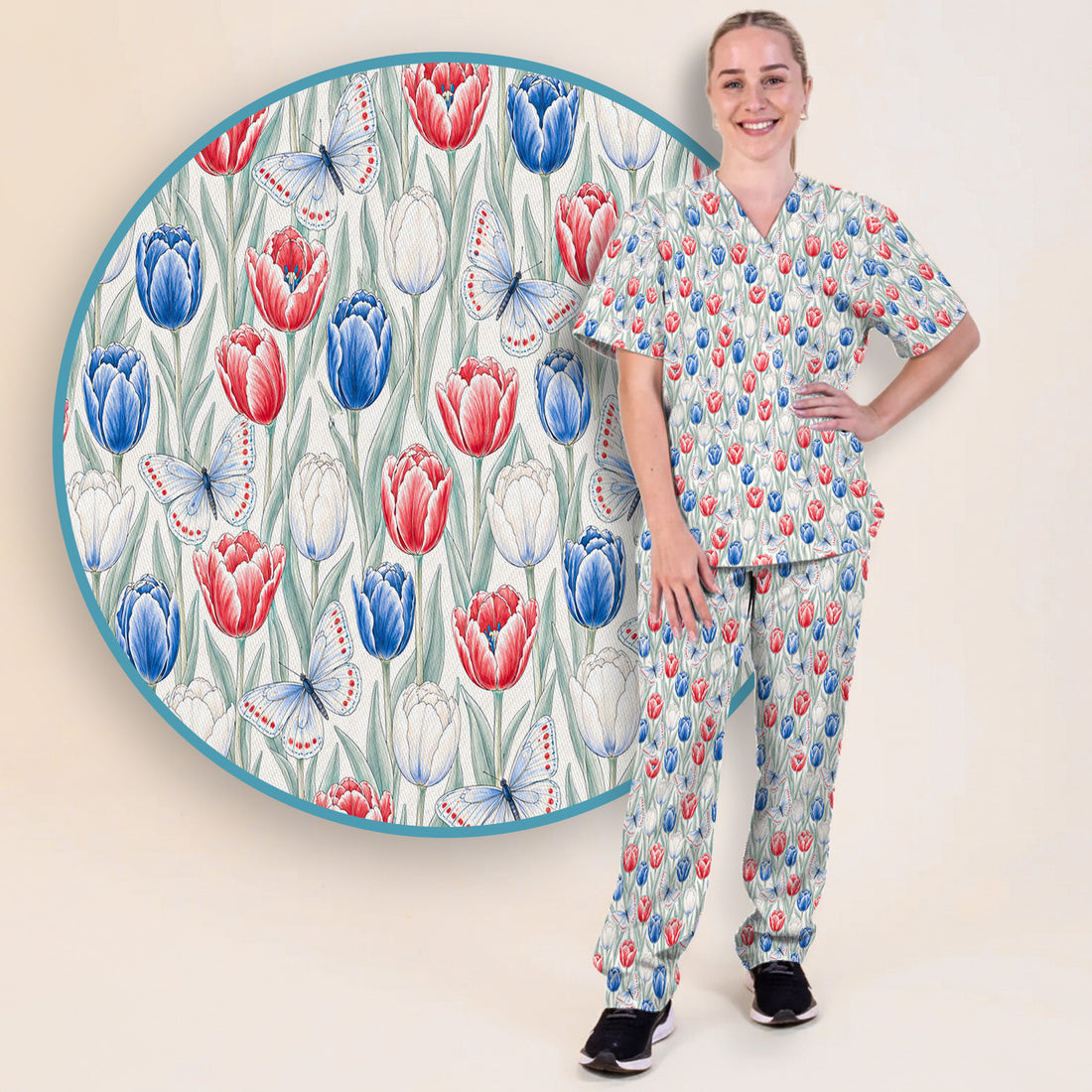 Patriotic Tulip Butterfly Nurse for RN, CNA, Healthcare Workers Scrub Set, Scrub Pants and V Neck Top