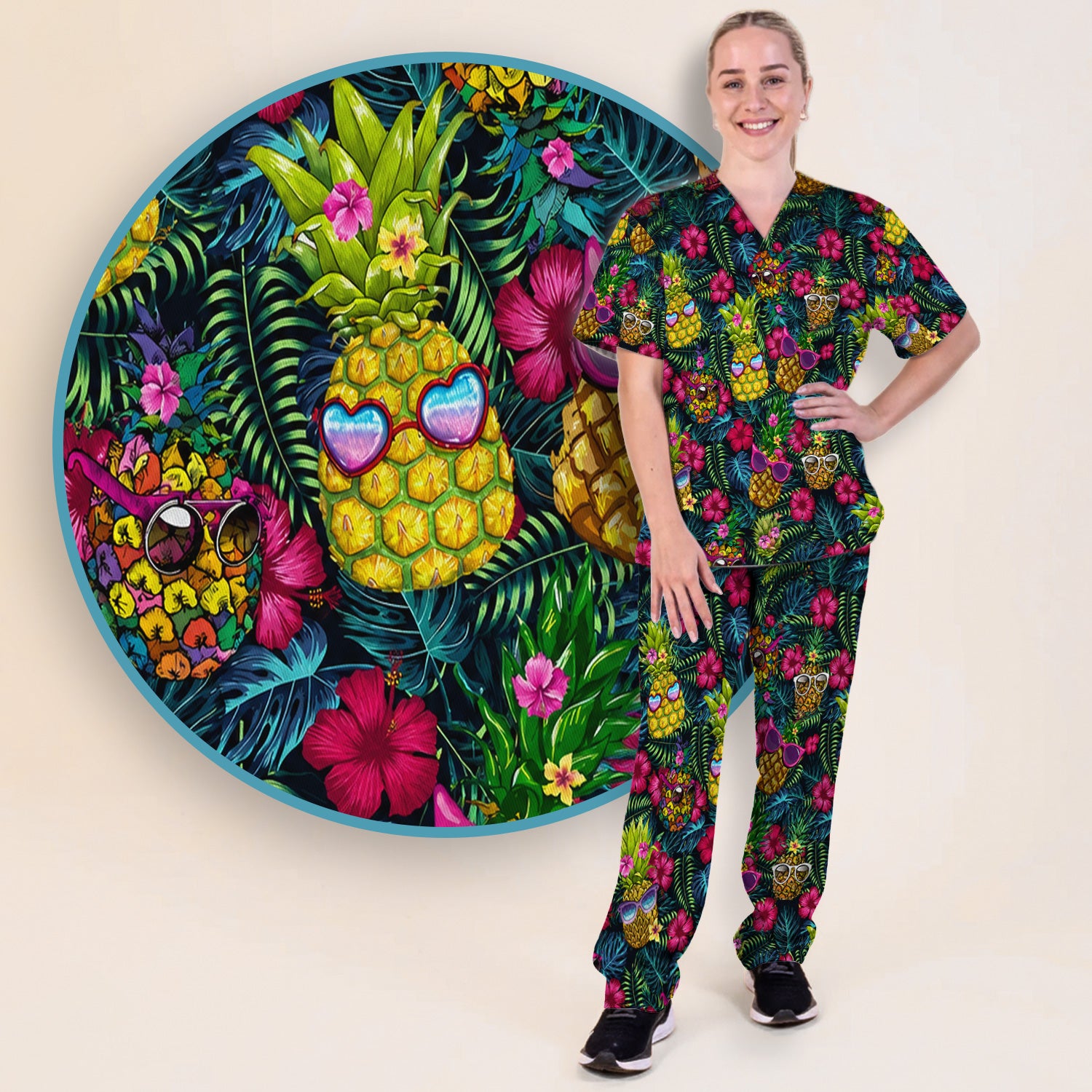 Cute Tropical Pineapple Sunglasses Pattern Scrub Set, Scrub Pants and V Neck Top