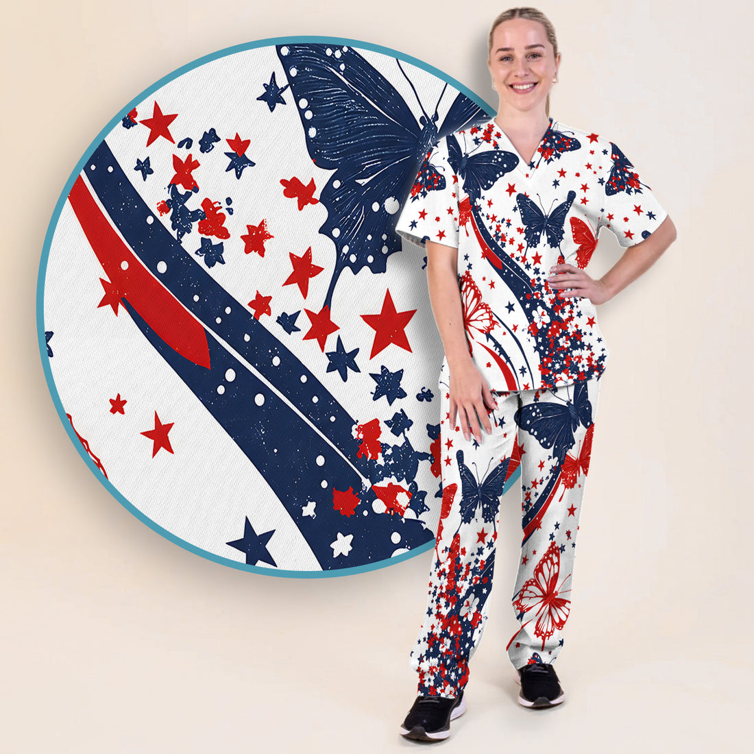 Patriotic Butterfly with Red White Blue Stars Scrub Set, Scrub Pants and V Neck Top