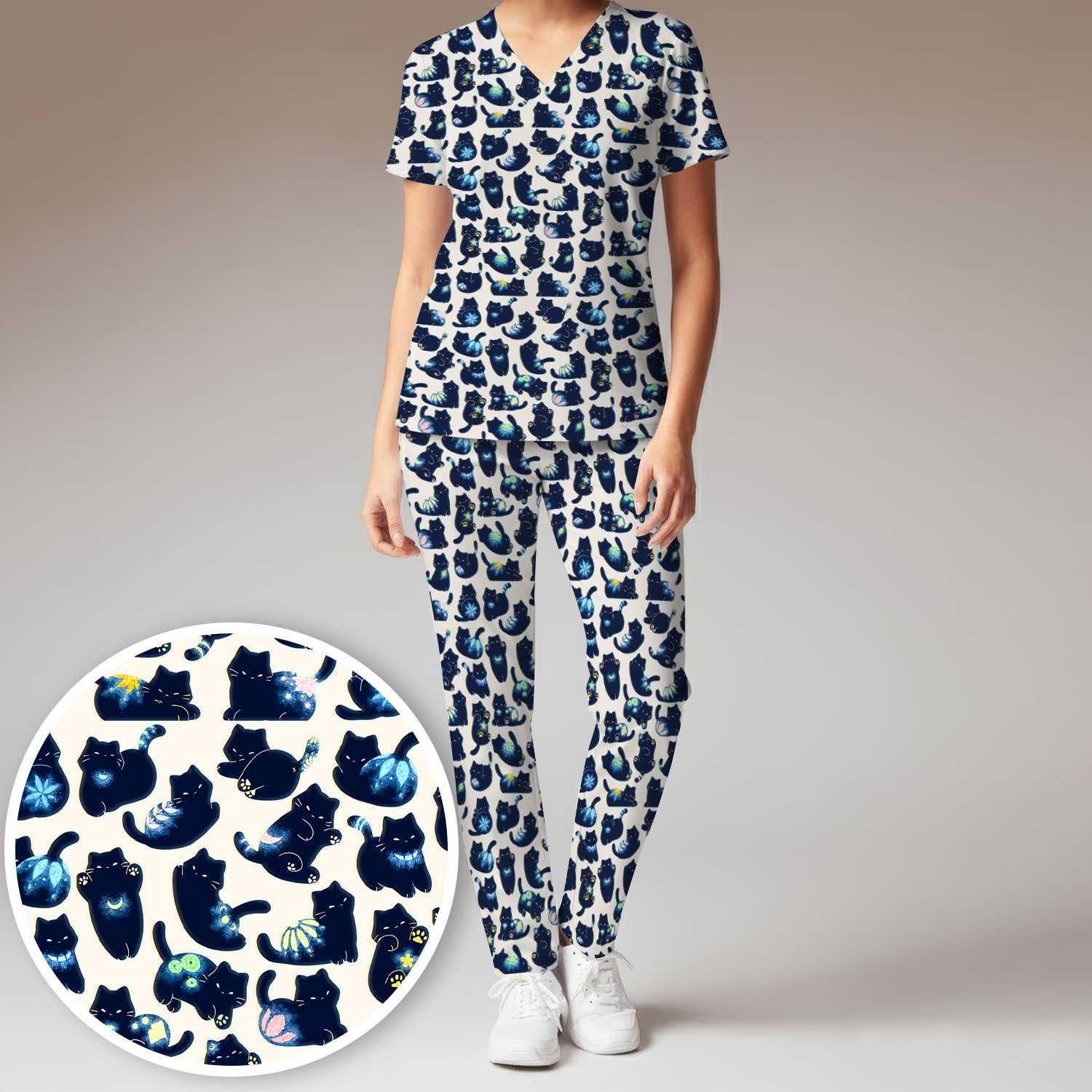 Midnight Cat Scrub Set, Black Cat Pattern Nurse Shirt, Breathable Fabrics Nursing Uniform