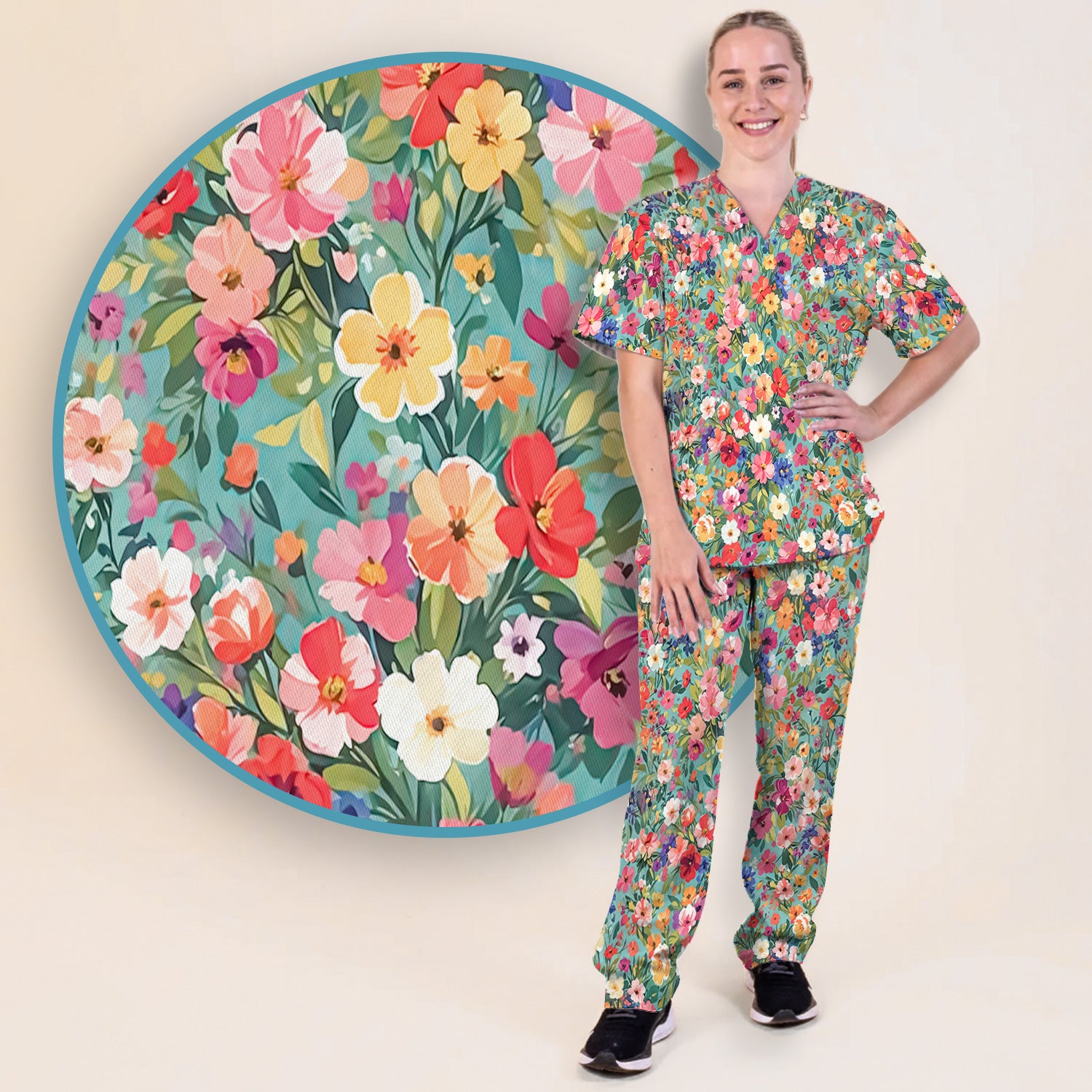 Colorful Wildflower Garden Bloom Scrub Set, Scrub Pants and V Neck Top