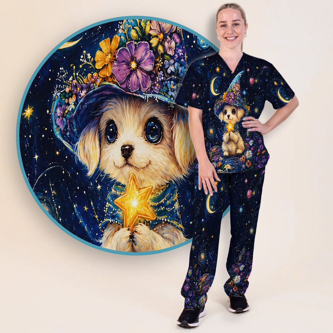 Cute Puppy Wizard Nurse Pattern Scrub Set, Scrub Pants and V Neck Top