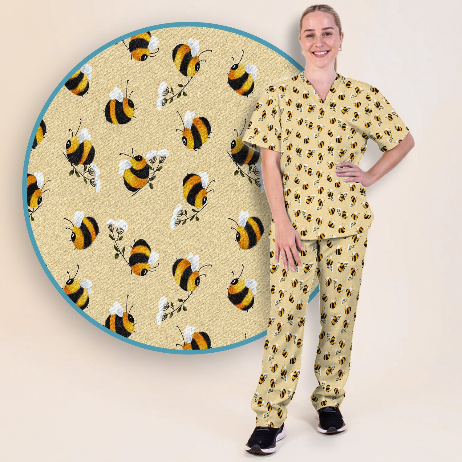 Cute Bumble Bee Blossom Pattern Scrub Set, Scrub Pants and V Neck Top