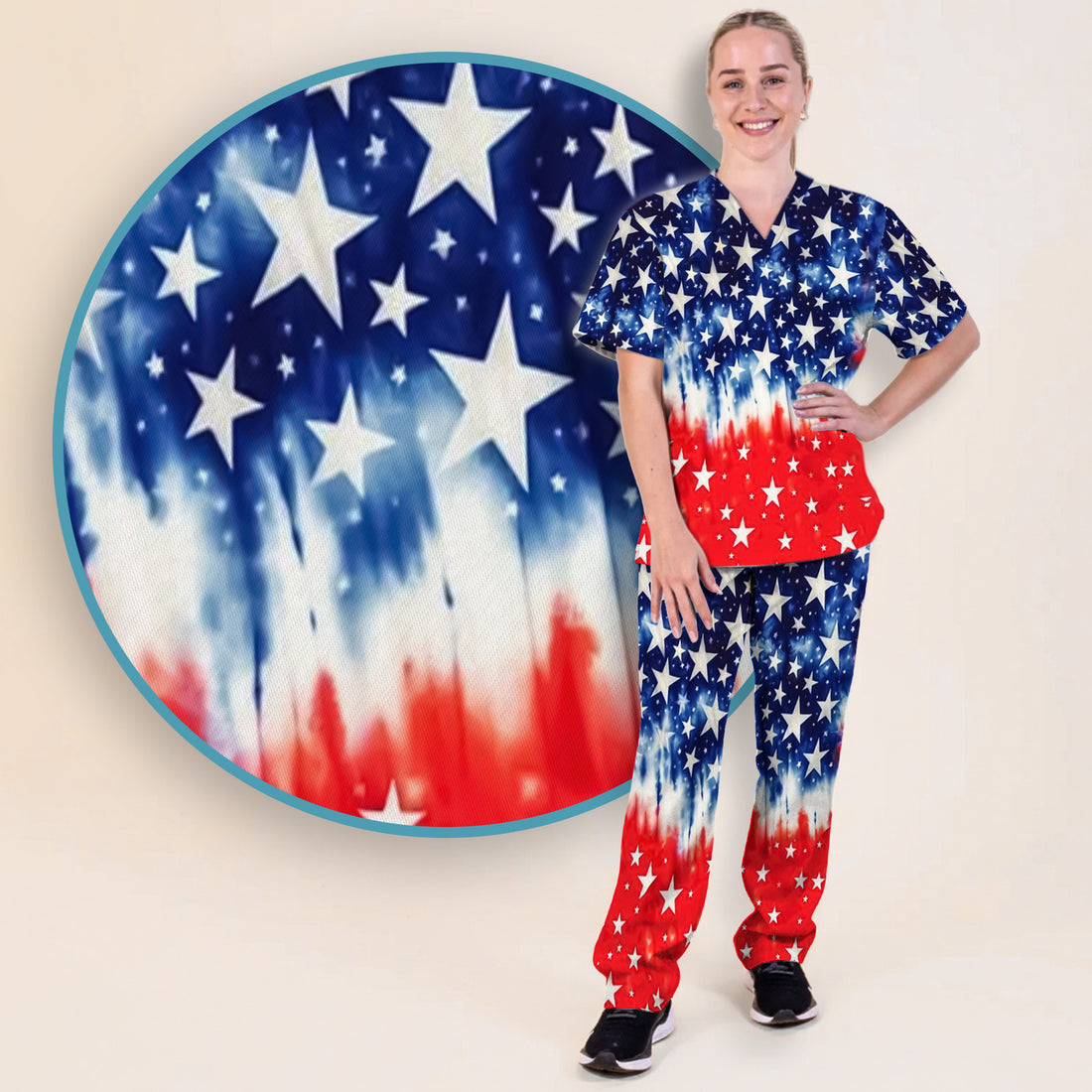 Patriotic Stars Tie Dye Pattern Scrub Set, Scrub Pants and V Neck Top