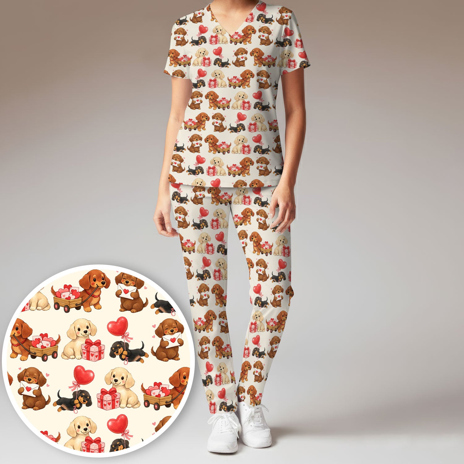 Cute Dachshund Nurse Scrub Set For Nurses, Wiener Dog Pattern Nurse Shirt, Breathable Fabrics Nursing Uniform