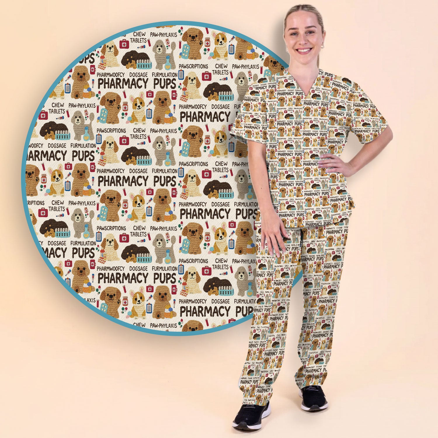 Pharmacy Pups Scrub Set for Women - Cute Dog Medical Uniform for Pharmacists & Vet Techs - Fun Pharmacy Nursing Gift